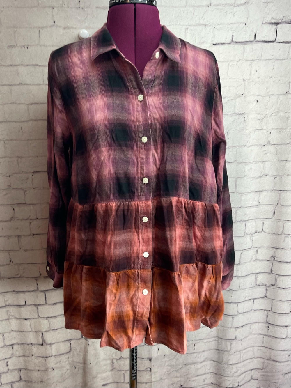 J Jill size medium petite plaid tiered tunic shirt long sleeve button down